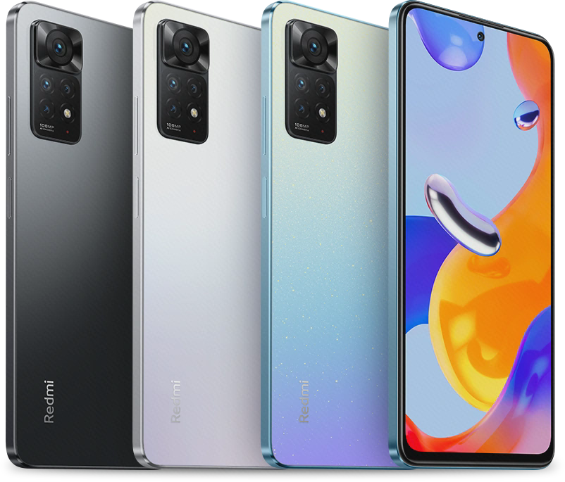 تصویر رسمی Redmi Note 11 Pro نسخه 4G با نمایشگر جلو و سه رنگ بدنهٔ پشت