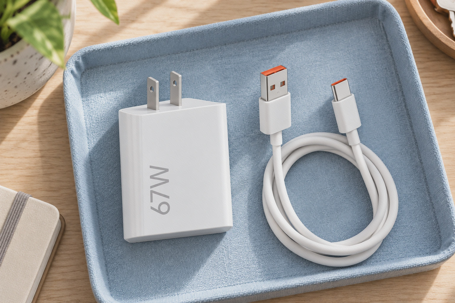 تصویرسازی آداپتور سفید ۶۷ وات با دو پین تخت و کابل USB-A به USB-C داخل سینی پارچه‌ای