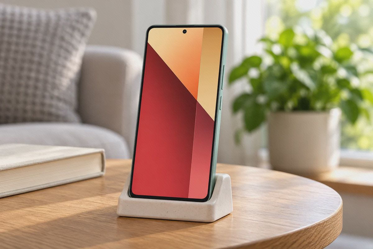 نمایشگر تخت ردمی نوت ۱۳ پرو 4G نمایشگر روشن Redmi Note 13 Pro 4G سبز روی میز نشیمن