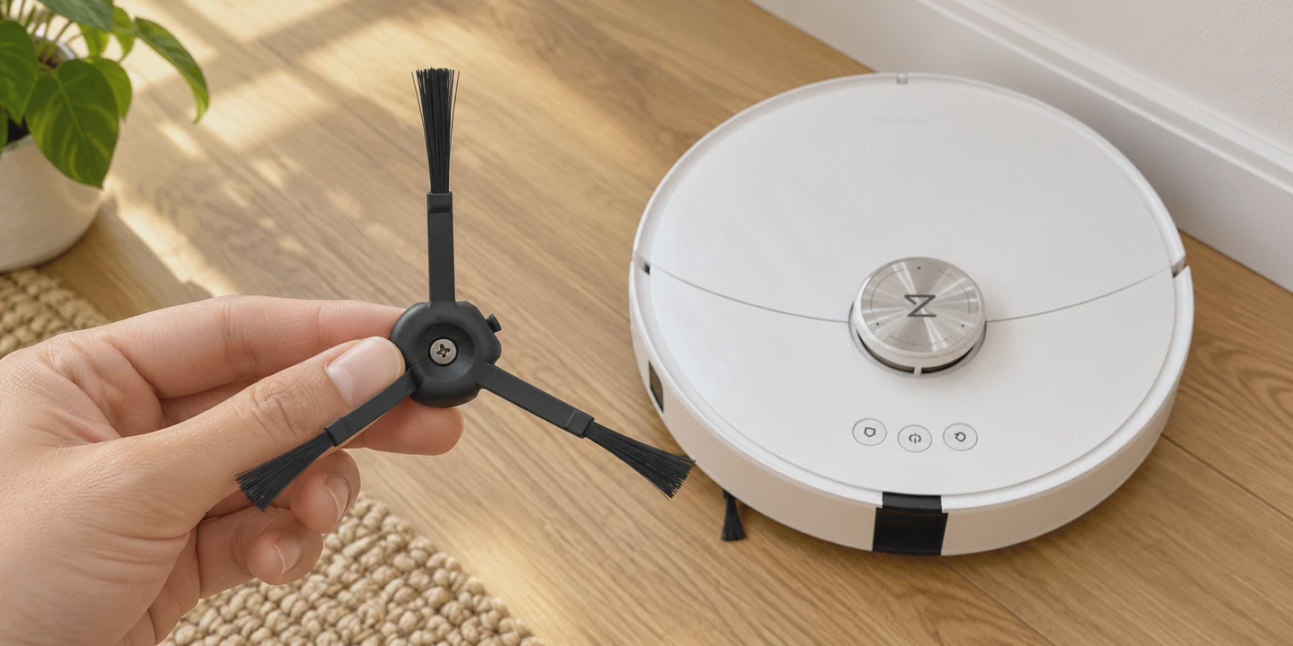 فرچهٔ سه‌بازوی مشکی S8 MaxV Ultra در دست و کنار جاروی سفید روی کف چوبی