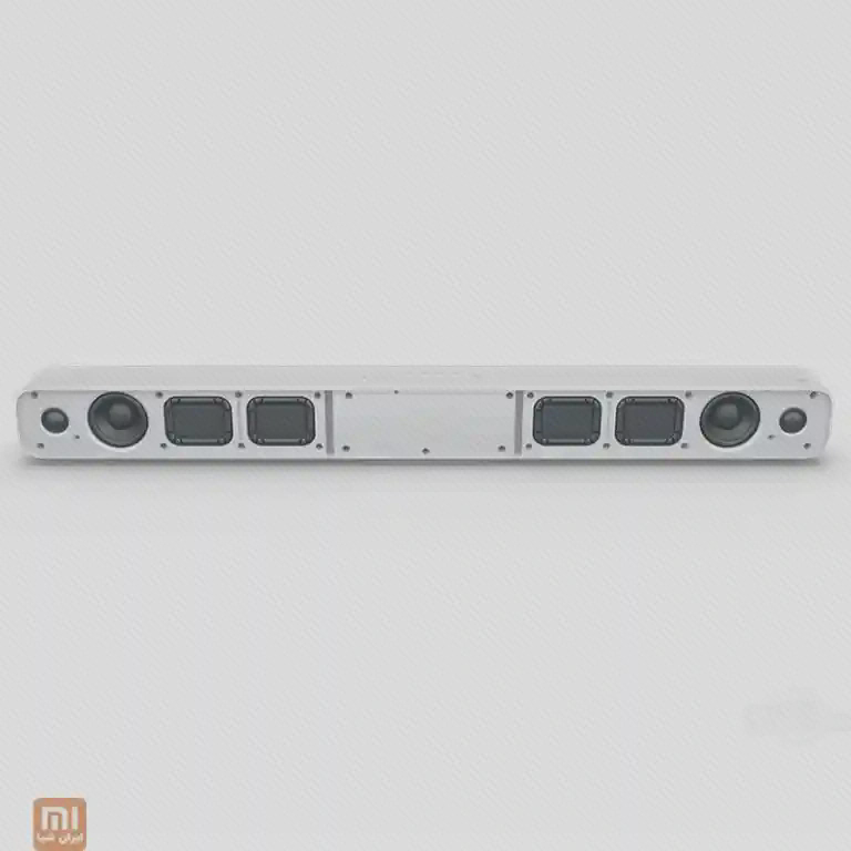 نمای داخل Mi Soundbar سفید بدون پوشش جلو با دو واحد گرد بزرگ، دو واحد کوچک و چهار رادیاتور مستطیلی