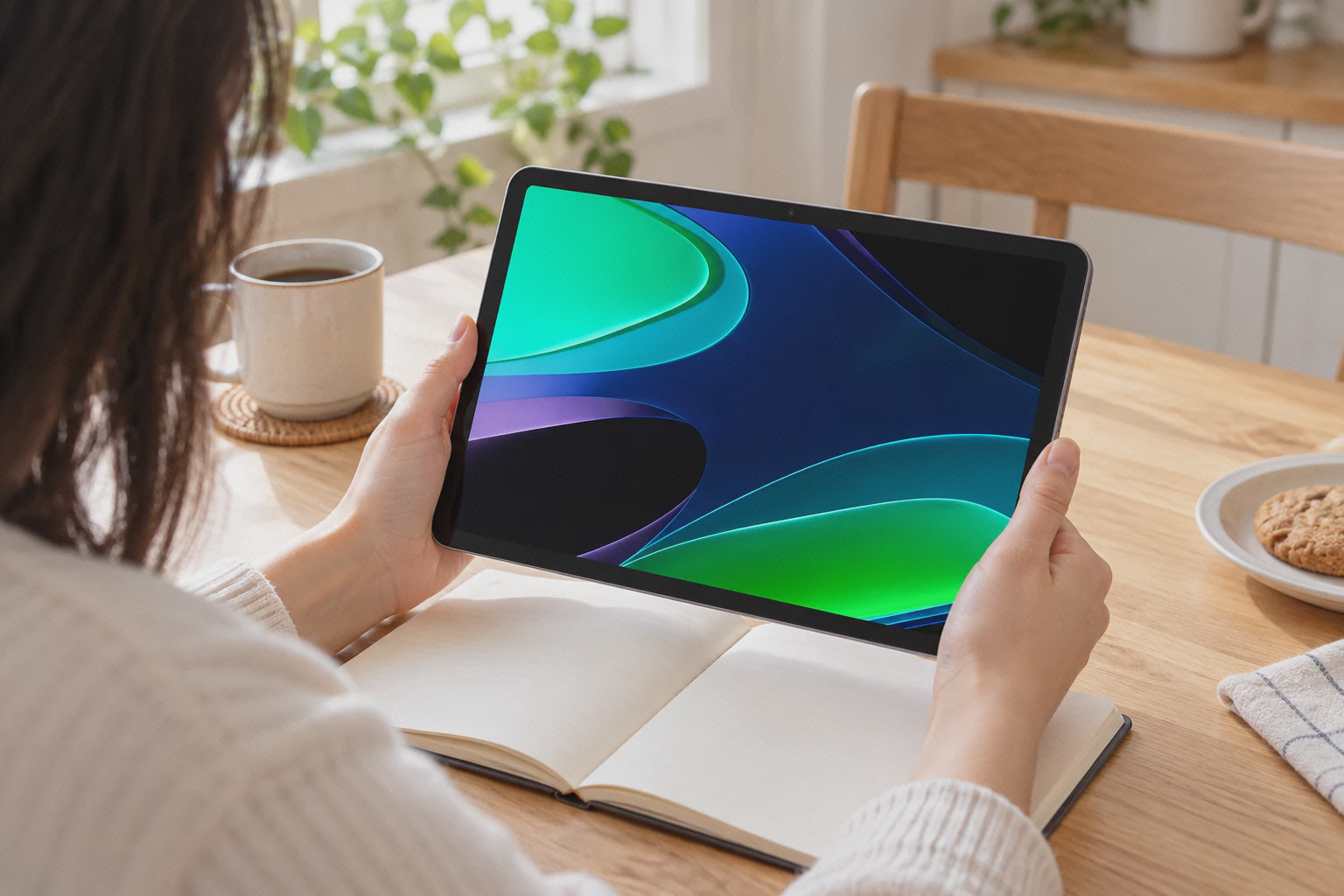نمایشگر افقی Xiaomi Pad 6 در نور روز تبلت شیائومی پد ۶ خاکستری در دو دست کاربر روی میز کنار پنجره