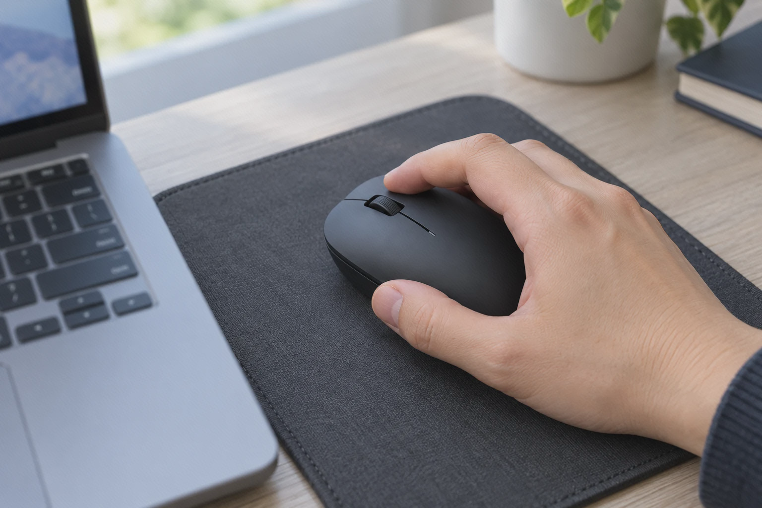 کار روزمره با Xiaomi Wireless Mouse Lite ماوس مشکی Xiaomi Wireless Mouse Lite با اسکرول وسط، زیر دست بزرگسال روی میز کار