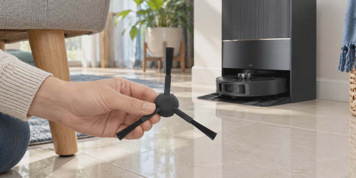 برس کناری دریم L30 Ultra فرچهٔ کناری مشکی و سهشاخهٔ L30 Ultra در دست، کنار جارو