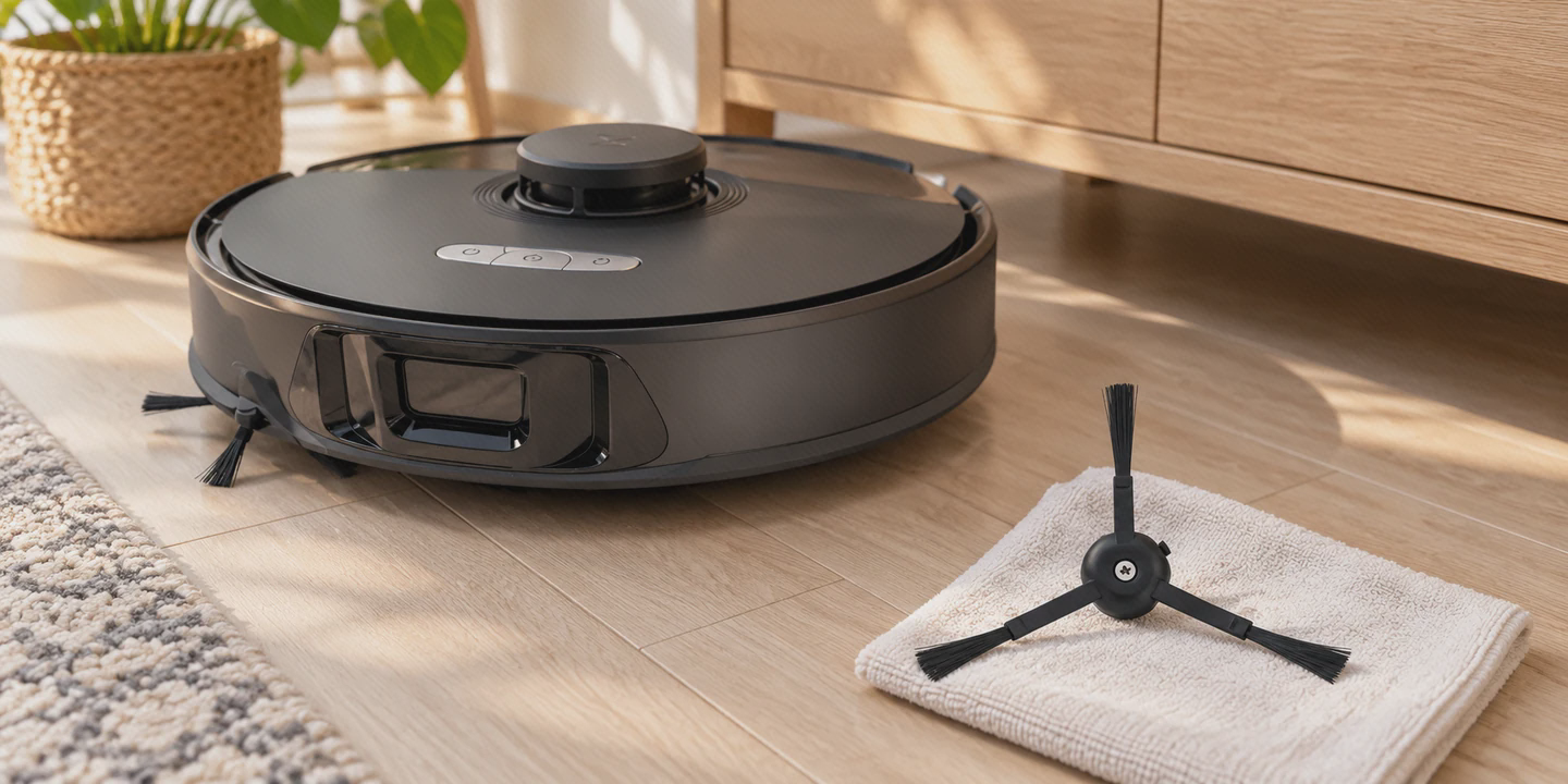 فرچهٔ کناری S8 Max Ultra کنار جارو برس کناری سهبازوی مشکی S8 Max Ultra روی دستمال و کنار جاروی مشکی نزدیک کابینت