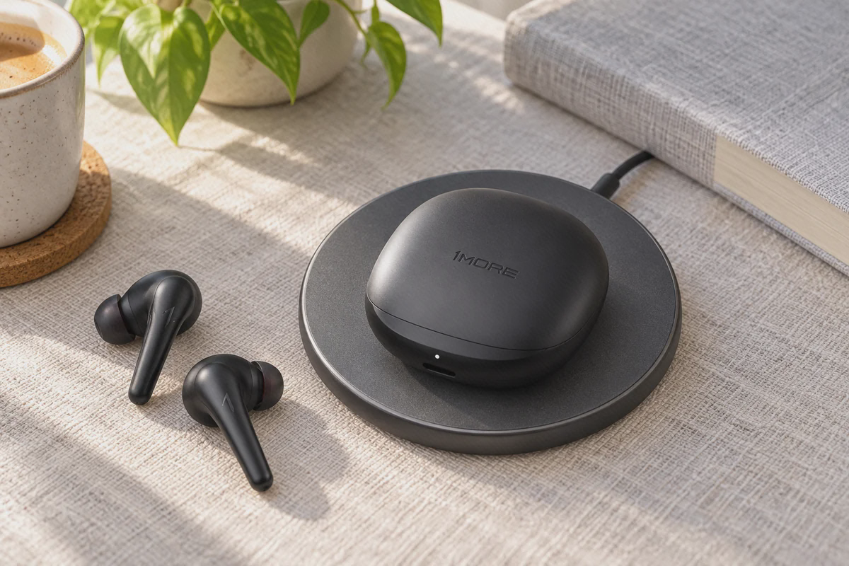 کیس بستهٔ 1MORE Aero به‌صورت خوابیده روی پایهٔ شارژ بی‌سیم Qi، کنار دو گوشی مشکی