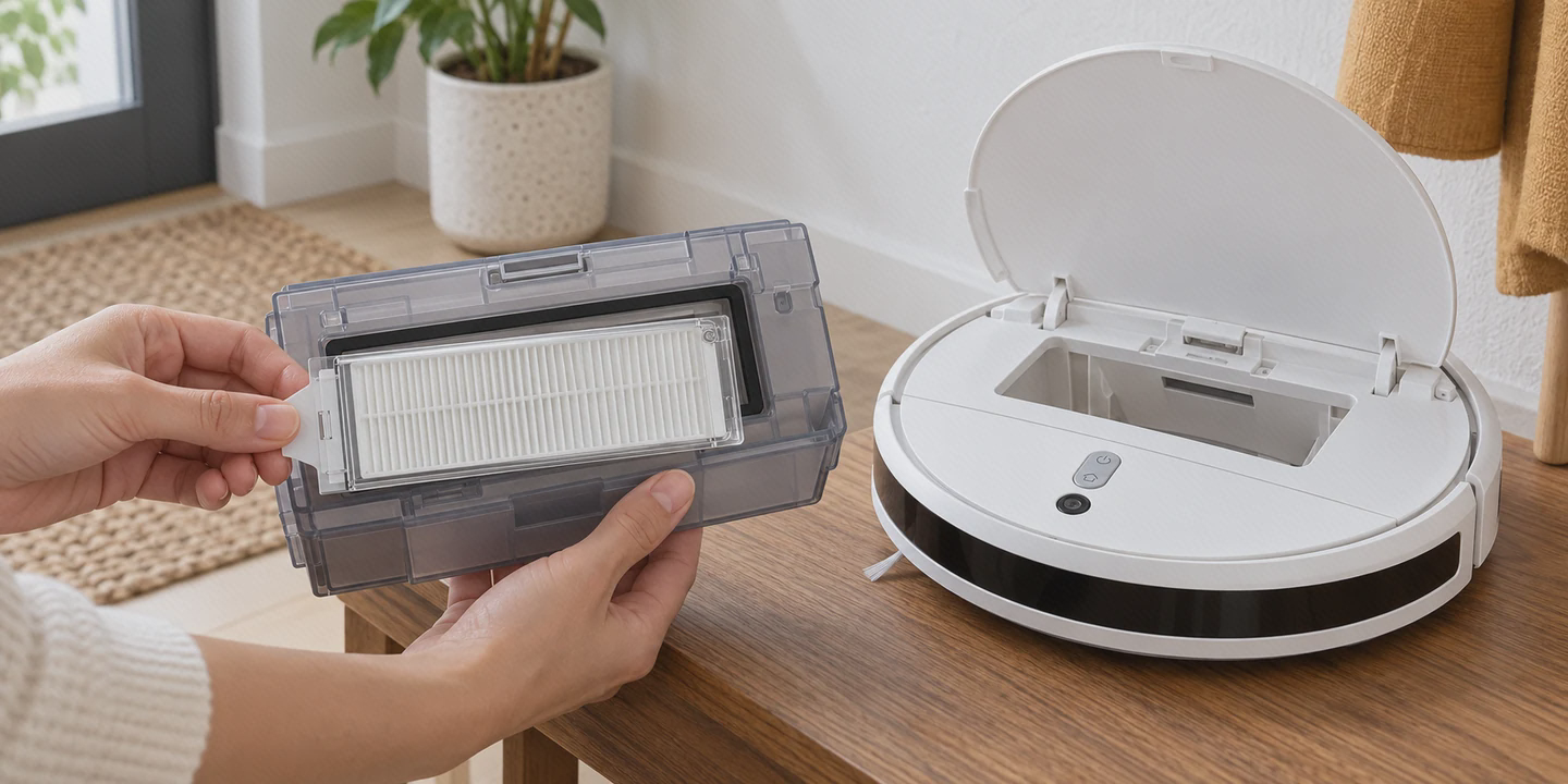 فیلتر Mop 2 Lite در کنار مخزن دستگاه فیلتر قابشفاف Mop 2 Lite کنار مخزن جداشده و جارو سفید با درِ باز