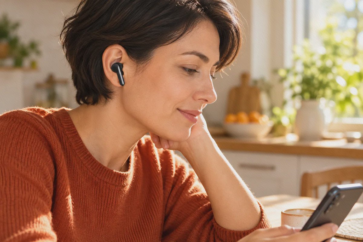 هندزفری مشکی Xiaomi Buds 4 روی گوش هنگام نشستن پشت میز کنار پنجره