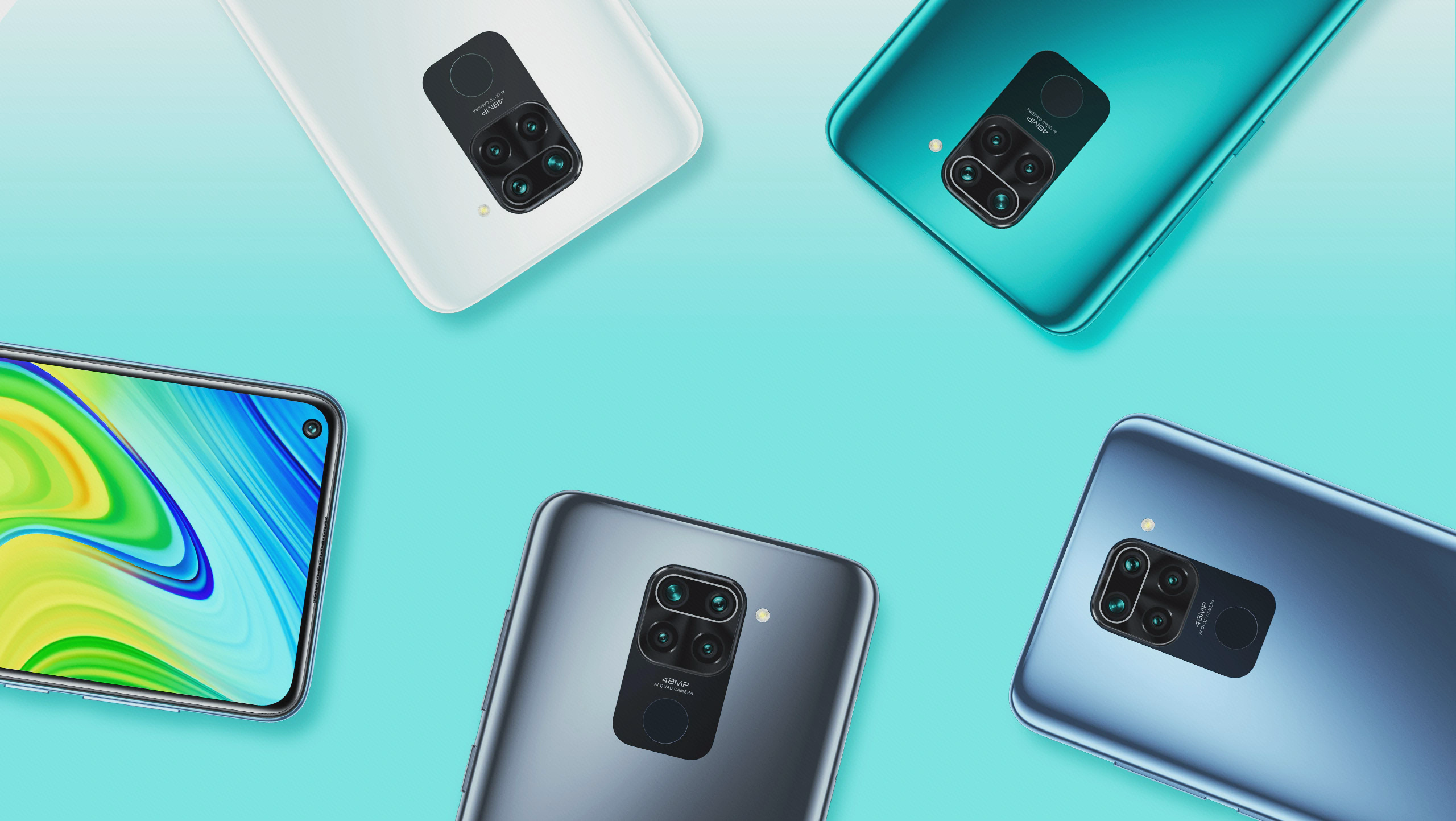 تصویر رسمی چند گوشی Redmi Note 9 با نمای مجموعهٔ چهار دوربین پشت