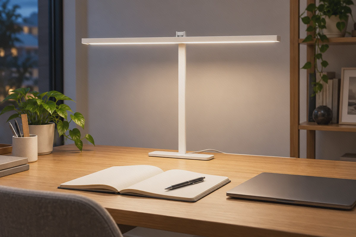 نور خطی میجیا Desk Lamp 2 روی میز مطالعه چراغ مطالعه میجیا Desk Lamp 2 با سری خطی روشن روی میز دفتر و لپتاپ