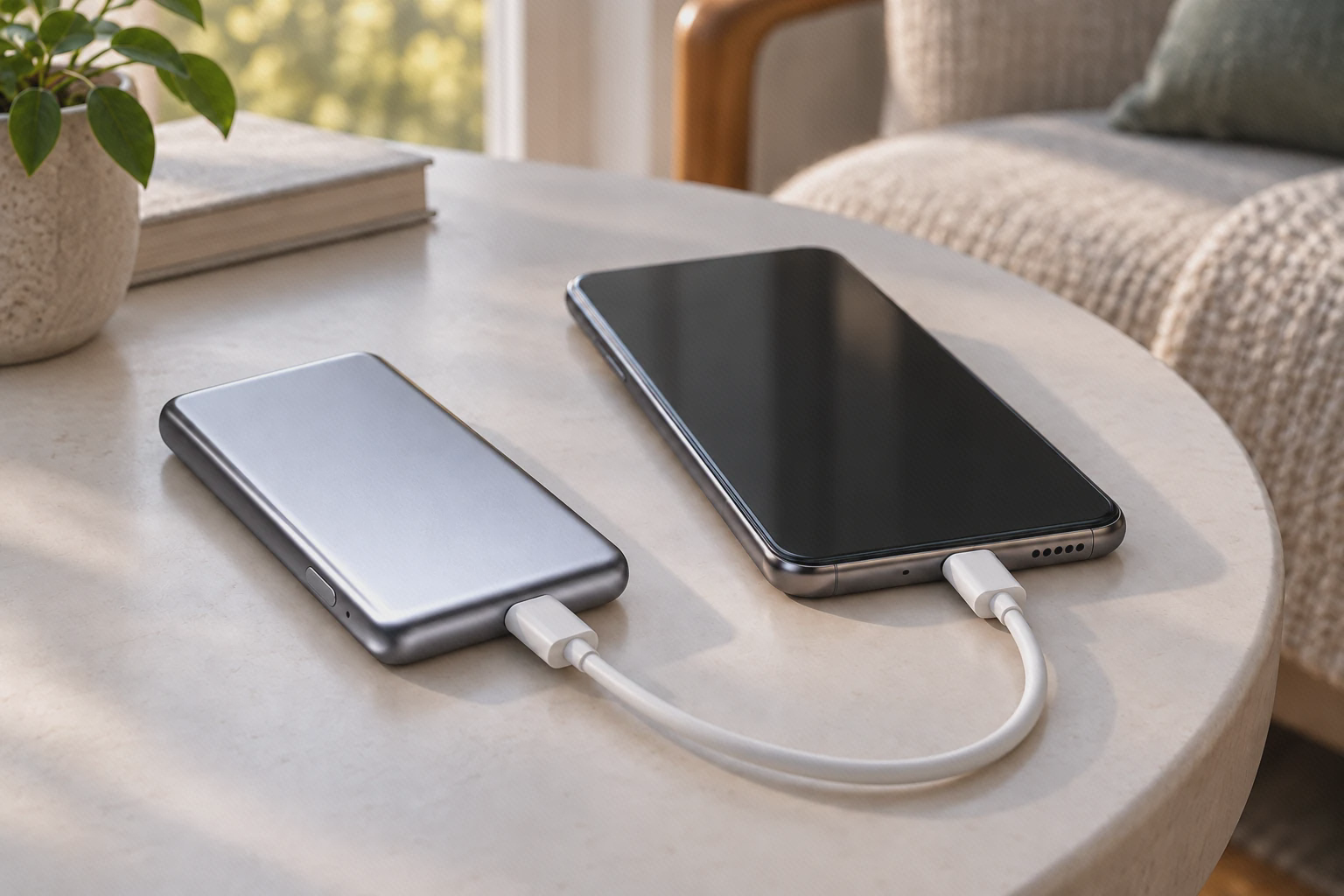 شارژ سیمی گوشی با پاوربانک شیائومی PB0520MI و کابل USB-C روی میز کنار صندلی