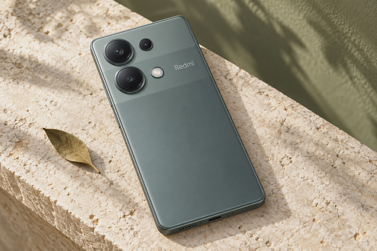 جزئیات دوربین و طراحی ردمی نوت ۱۳ پرو 4G بدنهٔ سبز و سه دوربین Redmi Note 13 Pro 4G روی سنگ روشن