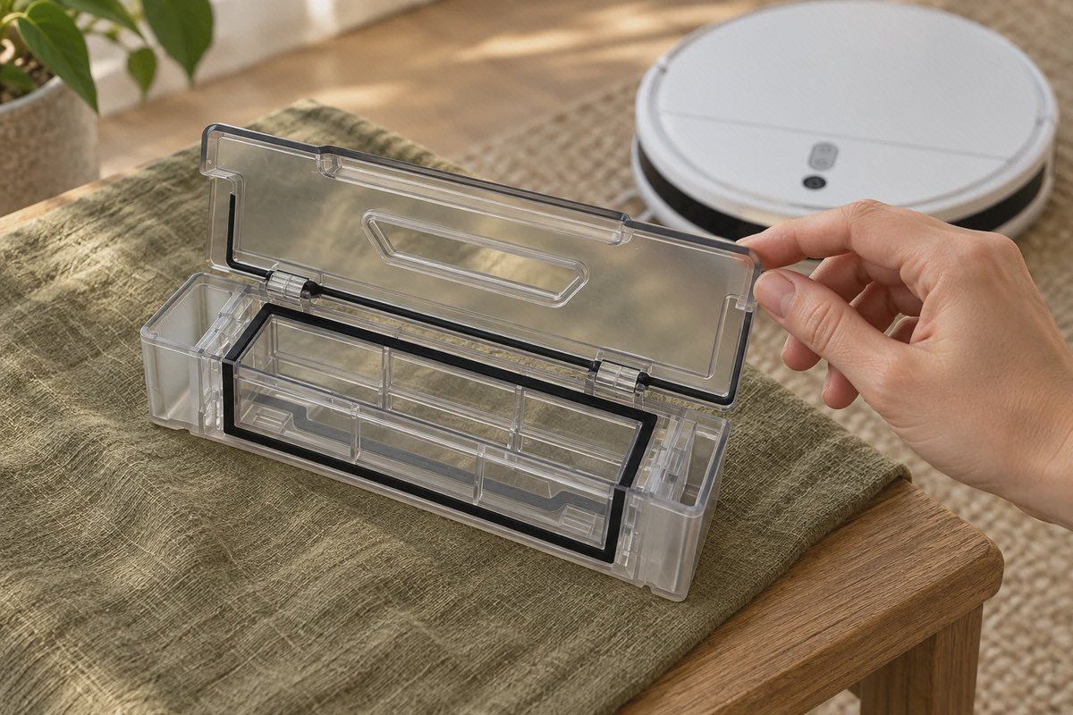 درِ بازشو و بدنهٔ مخزن زبالهٔ Mop 2 Lite درِ باز مخزن شفاف Mop 2 Lite و لبهٔ مشکی آن با یک دست، کنار جاروی سفید شیائومی