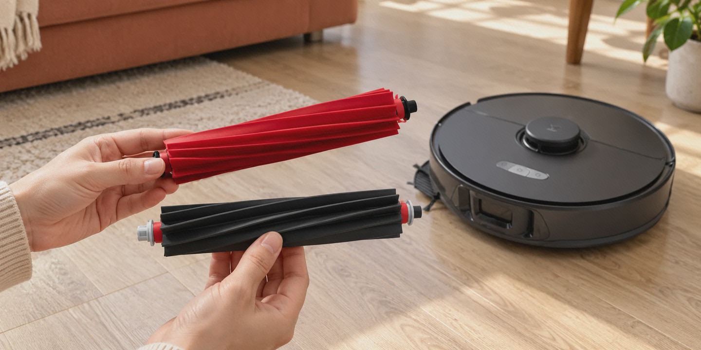 برس دوتایی S8 Max Ultra کنار جارو جفت غلتک قرمز و تیره S8 Max Ultra در دست و کنار جاروی مشکی روی کف چوبی