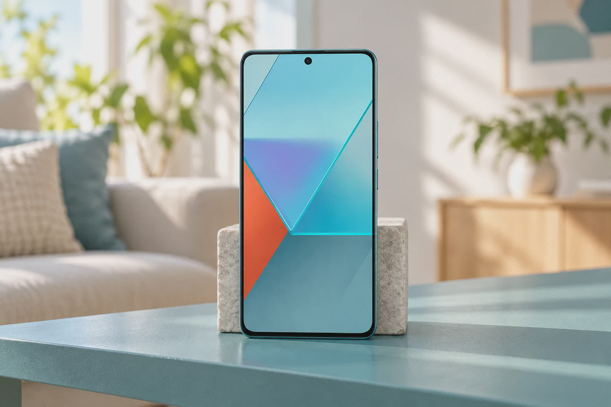 نمایشگر روشن Redmi Note 13 Pro 5G روی طاقچهٔ سبزآبی