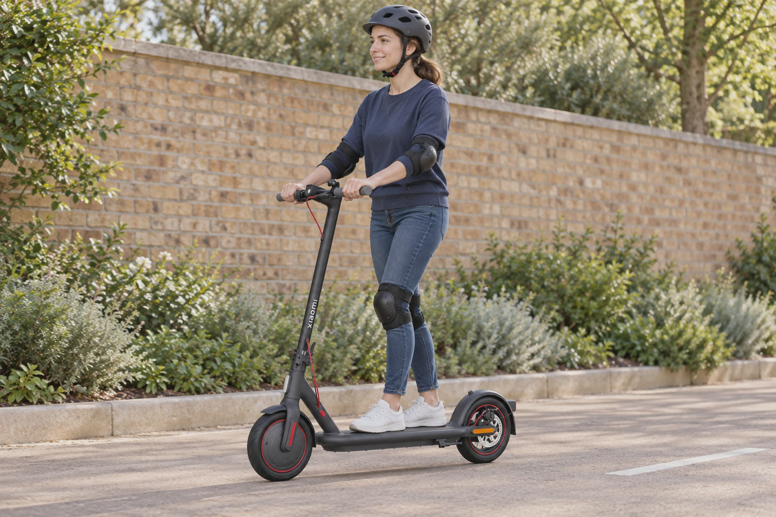 زن بزرگسال با کلاه ایمنی بسته و لباس آبی روی اسکوتر شیائومی 4 Pro نسل اول در مسیر خشک حرکت می‌کند
