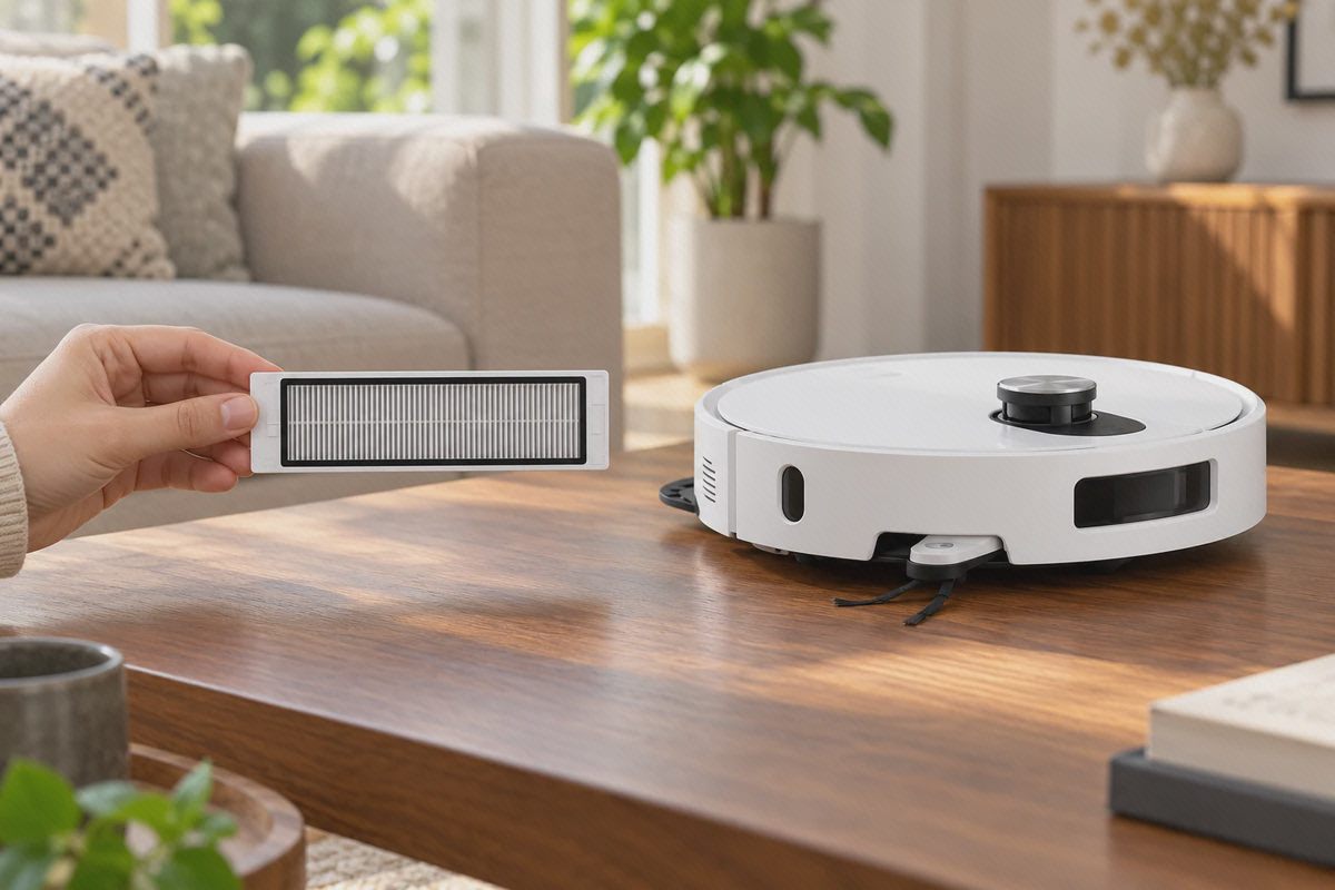 فیلتر مخزن گردوغبار شیائومی Xiaomi 5 گرفتن فیلتر مخزن Xiaomi 5 از قاب سفید کنار خود جارو