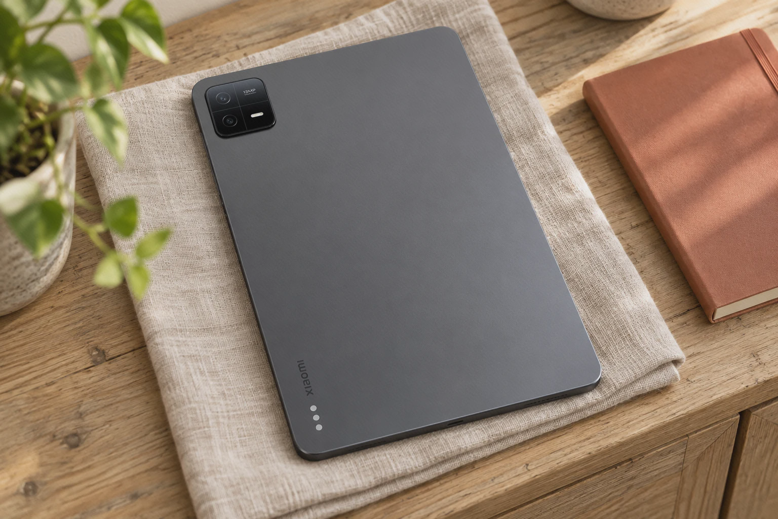 بدنهٔ خاکستری و دوربین پشت Xiaomi Pad 6 استاندارد نمای پشت پد ۶ خاکستری با ماژول ۱۳ مگاپیکسلی روی پارچهٔ روشن