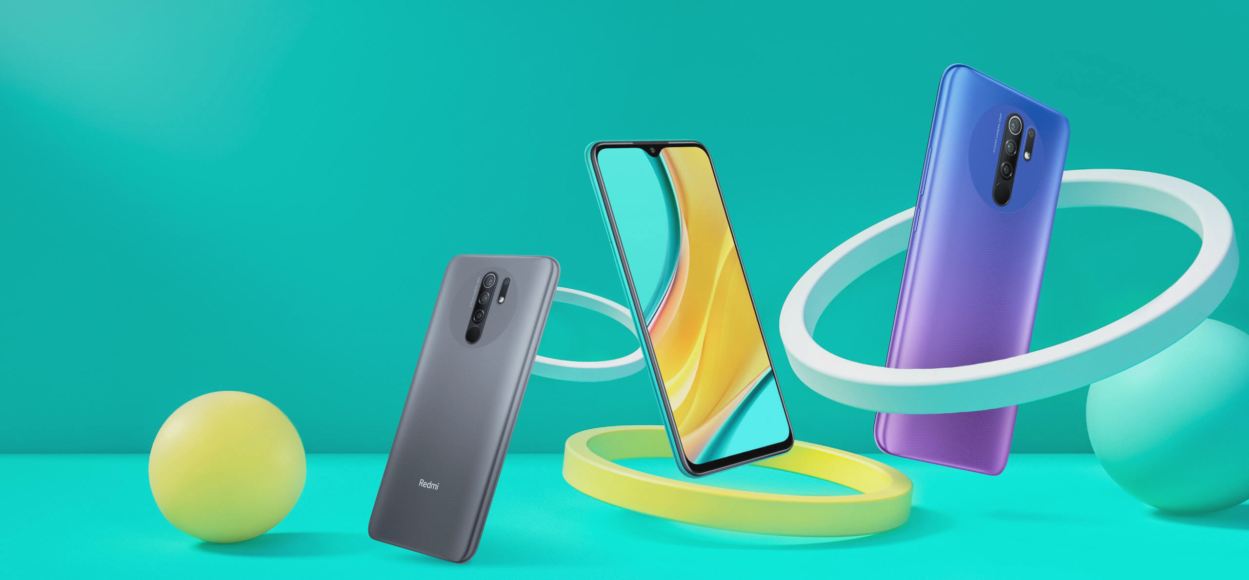 تصویر معرفی رسمی Redmi 9 با نمای جلو و پشت خاکستری و بنفش روی زمینهٔ سبز