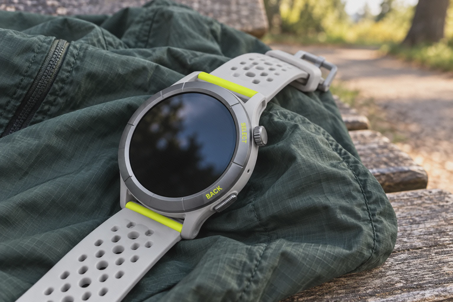 جزئیات قاب و بند Amazfit Cheetah Round نمای نزدیک قاب گرد، تاج و بند سوراخدار Cheetah Round روی بادگیر سبز