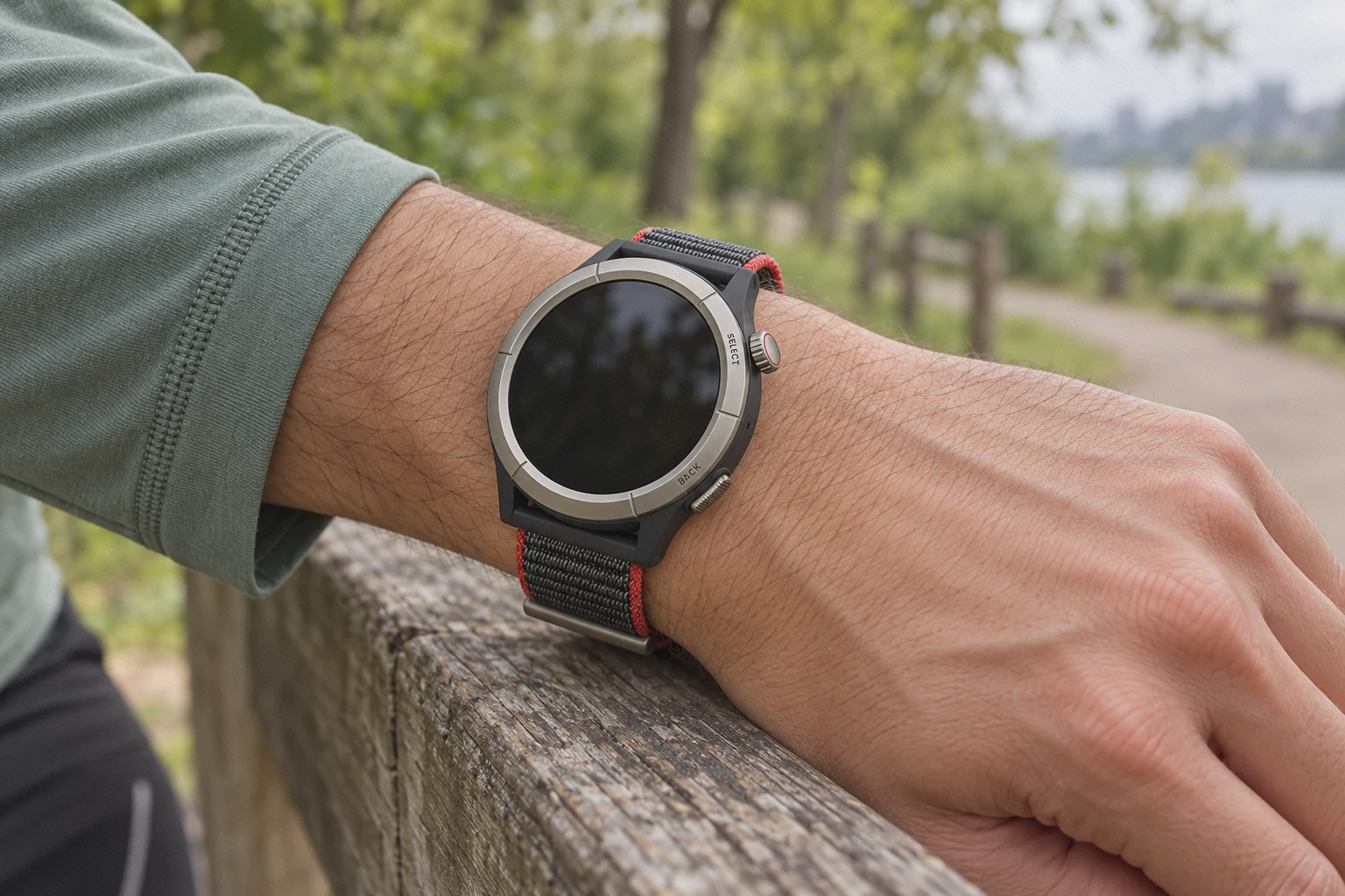 Cheetah Pro روی مچ در مسیر پارک ساعت Amazfit Cheetah Pro با بند نایلونی خاکستری و لبهٔ قرمز روی مچ در پارک