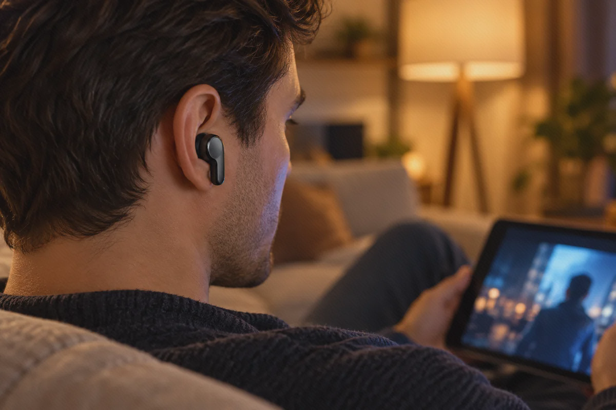 Redmi Buds 5 Pro هنگام تماشای فیلم گوشی مشکی Redmi Buds 5 Pro روی گوش هنگام تماشای فیلم با تبلت در خانه