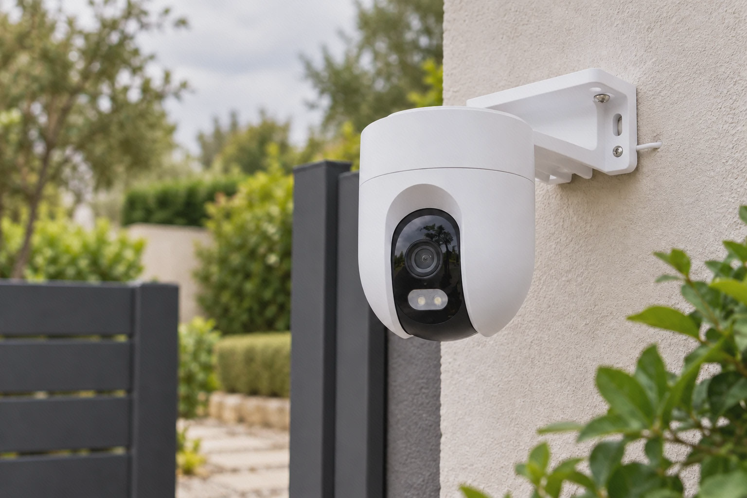 دوربین شیائومی CW400 با پایهٔ دیواری کنار حیاط