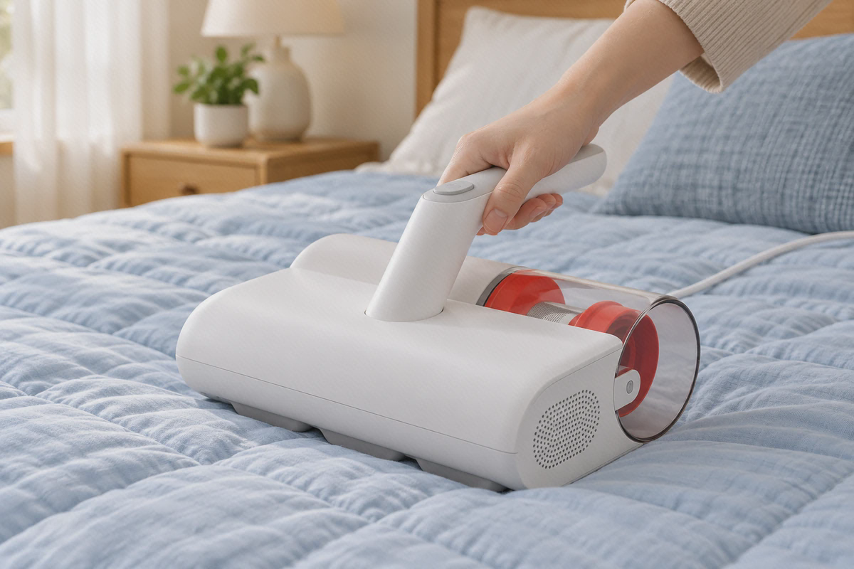 نظافت سطح پارچه با Xiaomi Mite Eliminator 2 کنهزدای سفید شیائومی MJCMY02DY با دستهٔ بالایی روی روتختی آبی خشک