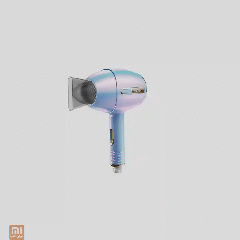 سشوار Enchen Air با بدنهٔ آبی براق، دستهٔ روشن و سری متمرکزکننده