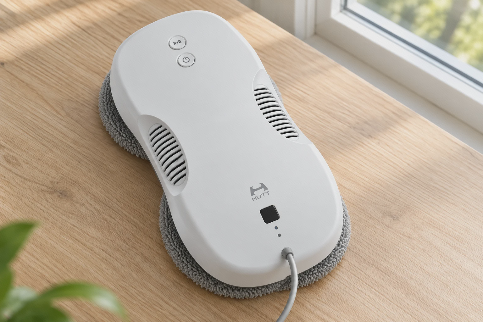 بدنهٔ سفید HUTT DDC55 خاموش روی میز با دو دکمه، دریچهها و کابل برق بدنهٔ سفید HUTT DDC55 خاموش روی میز با دو دکمه، دریچهها و کابل برق
