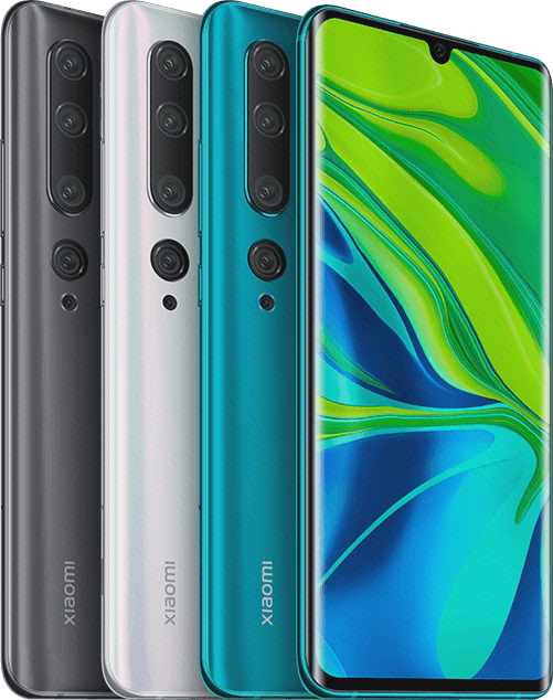 نمای رسمی گوشی‌های خانوادهٔ Mi Note 10 با صفحهٔ خمیده و بریدگی قطره‌ای دوربین جلو