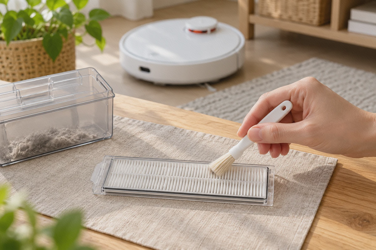 تمیز کردن ملایم فیلتر سفید Mop P با برس نرم کنار مخزن و جارو