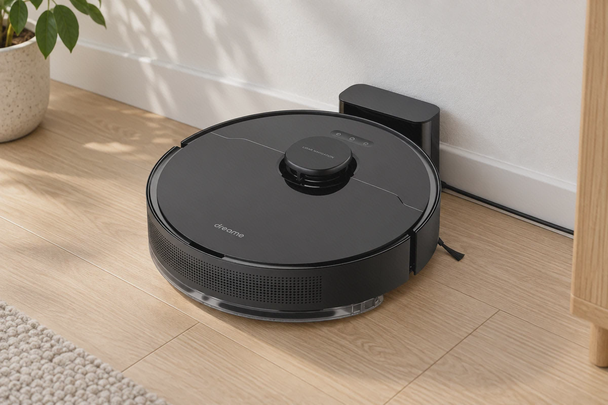 داک شارژ D10s Pro در محل استفاده کنار دیوار جاروی مشکی Dreame D10s Pro روی پایه شارژ ساده مشکی کنار دیوار