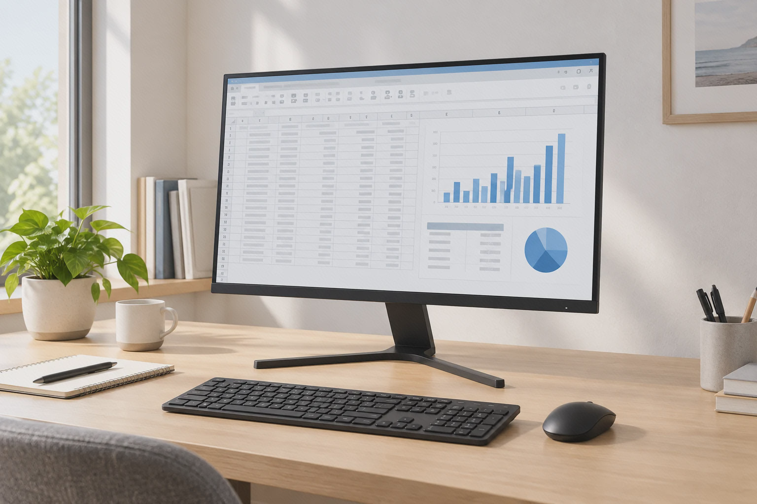 مانیتور Mi Desktop 27 روی میز کار با صفحهٔ جدول