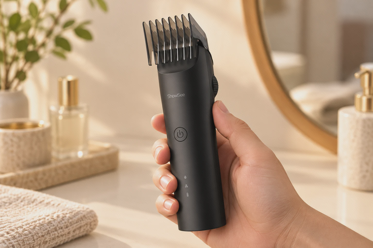 شانهٔ نصبشده روی ماشین اصلاح ShowSee C4-BK ماشین اصلاح ShowSee C4-BK با شانهٔ نصبشده در دست کاربر