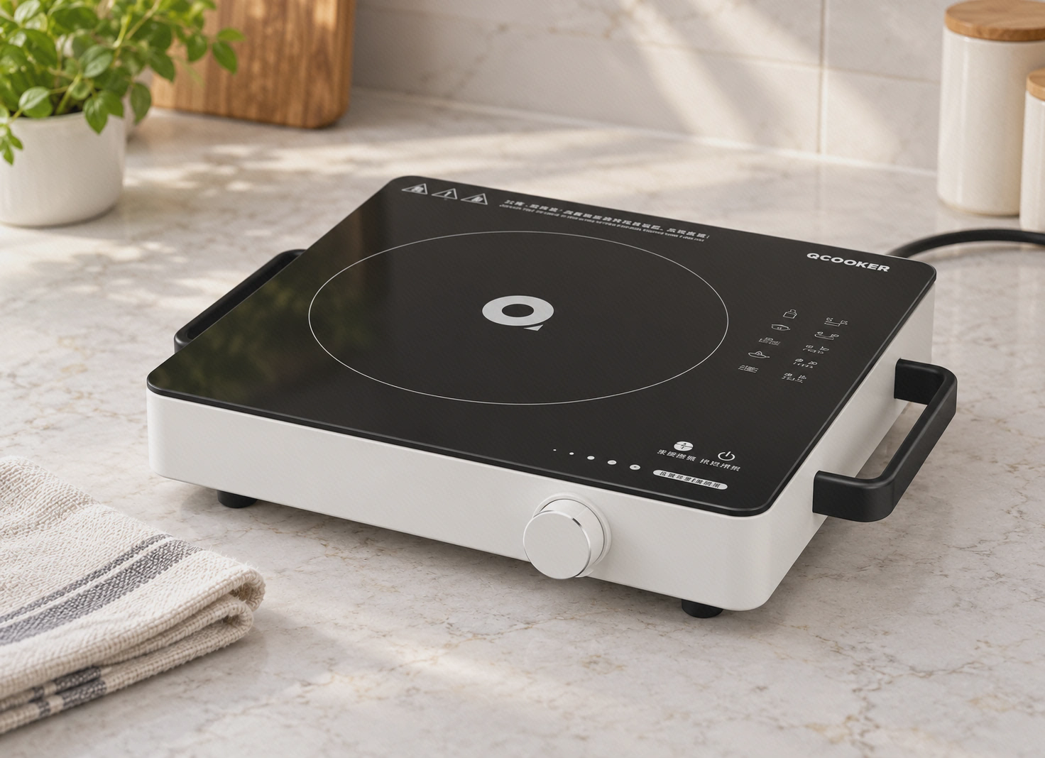 تصویرسازی اجاق QCOOKER در فضای آشپزخانه تصویرسازی اجاق سفید و مشکی QCOOKER روی سطح روشن آشپزخانه کنار دستمال تاخورده