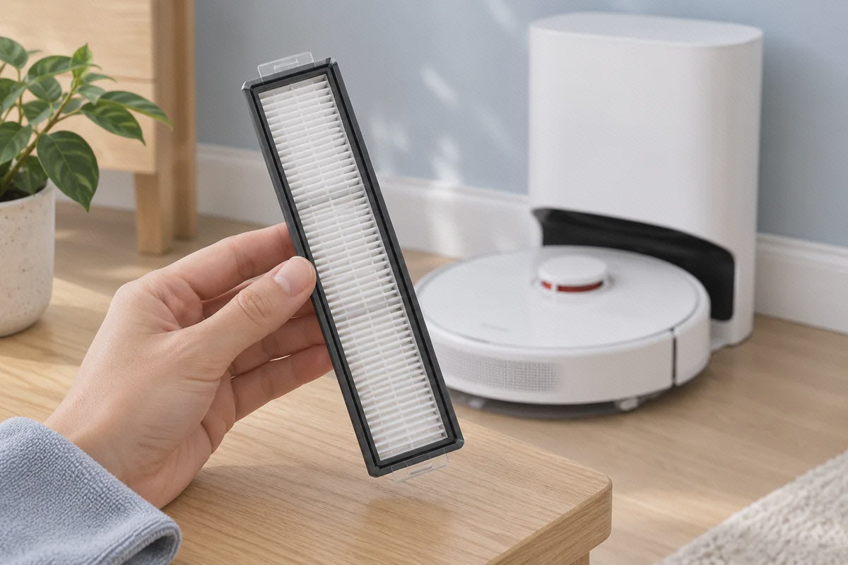 فیلتر مخزن Dreame D10 Plus کنار جارو فیلتر چیندار سفید با قاب تیره در دست، کنار جارو رباتیک دریم D10 Plus