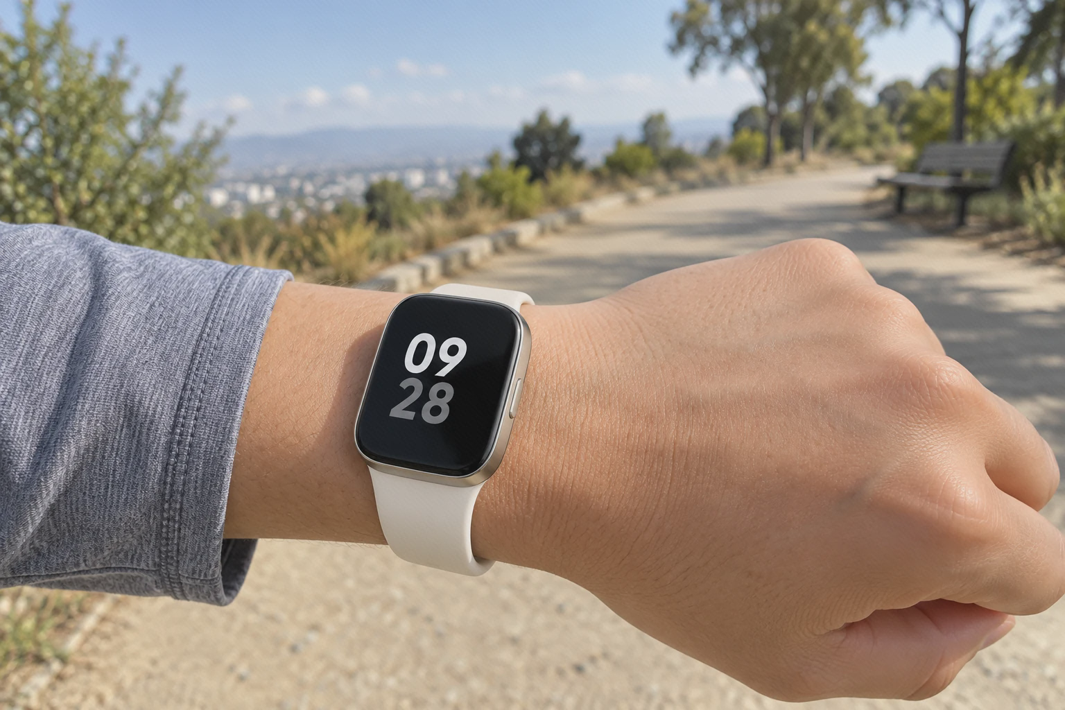 ردمی واچ ۳ در مسیر پیادهروی ساعت Redmi Watch 3 بند کرم روی مچ کاربر کنار مسیر پیادهروی در فضای باز