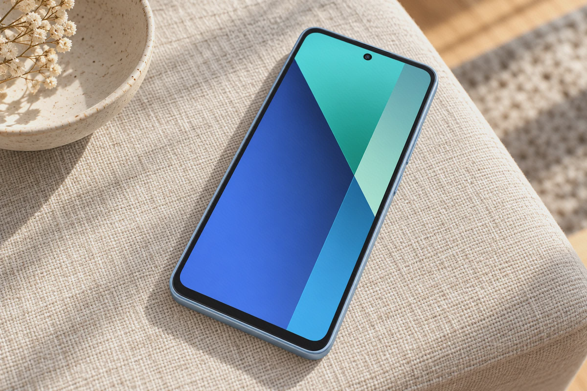 نمایشگر روشن Redmi Note 13 4G آبی روی پارچهٔ روشن