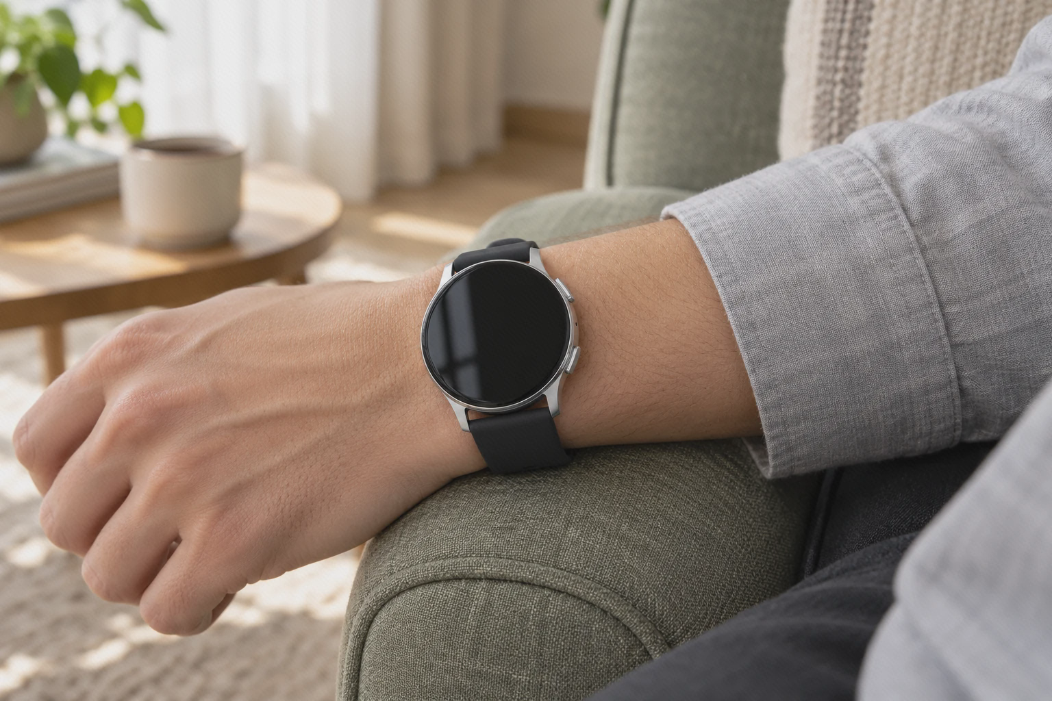 ساعت Amazfit Pop 3R نقره‌ای با بند مشکی روی مچ کنار پنجرهٔ اتاق نشیمن
