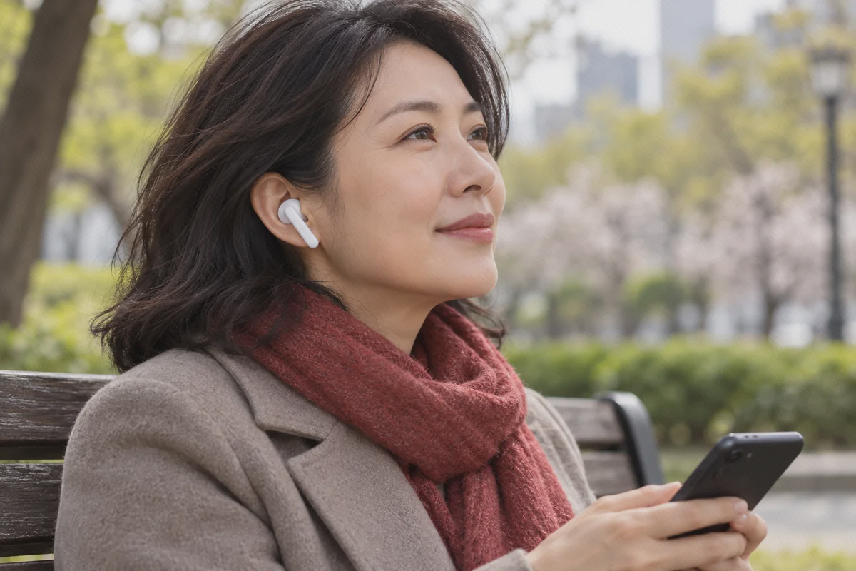گوشی سفید Redmi Buds 4 Lite در گوش کاربر هنگام گوش‌دادن روی نیمکت پارک