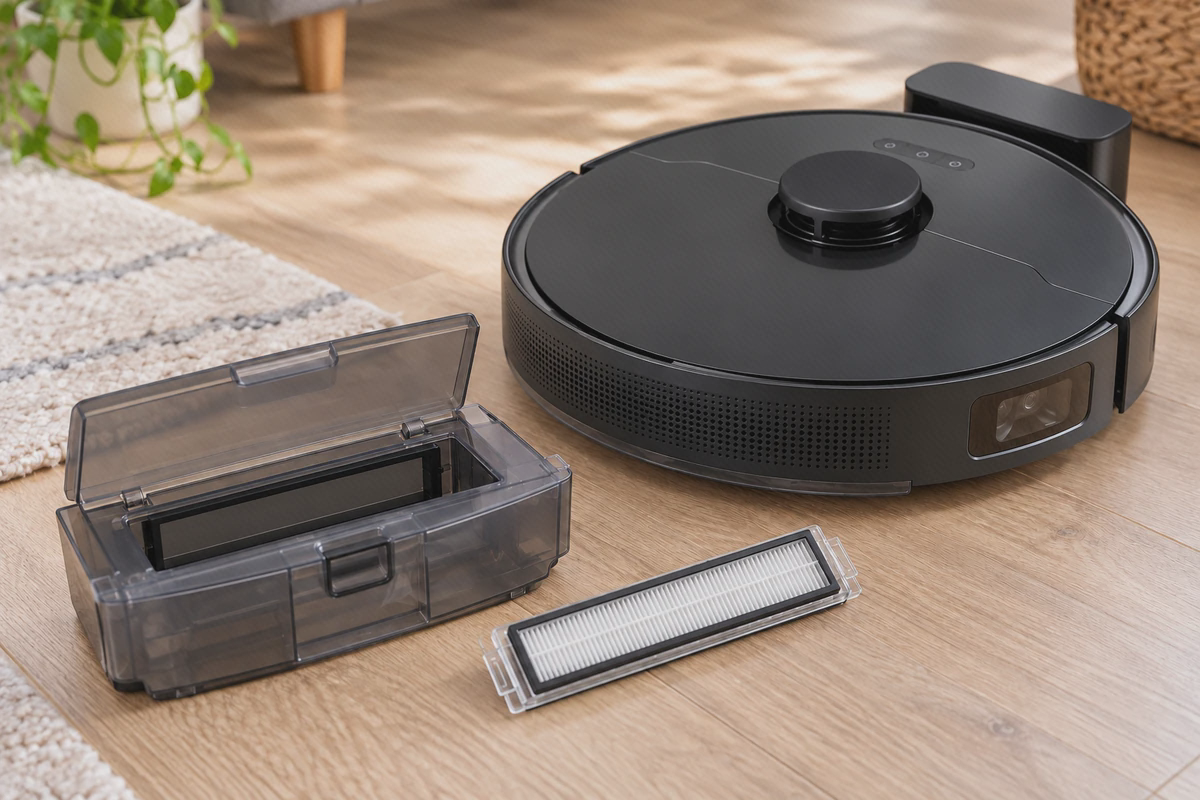 فیلتر D10s Pro کنار مخزن جارو فیلتر چیندار با لبهٔ شفاف کنار مخزن باز و جارو دریم D10s Pro