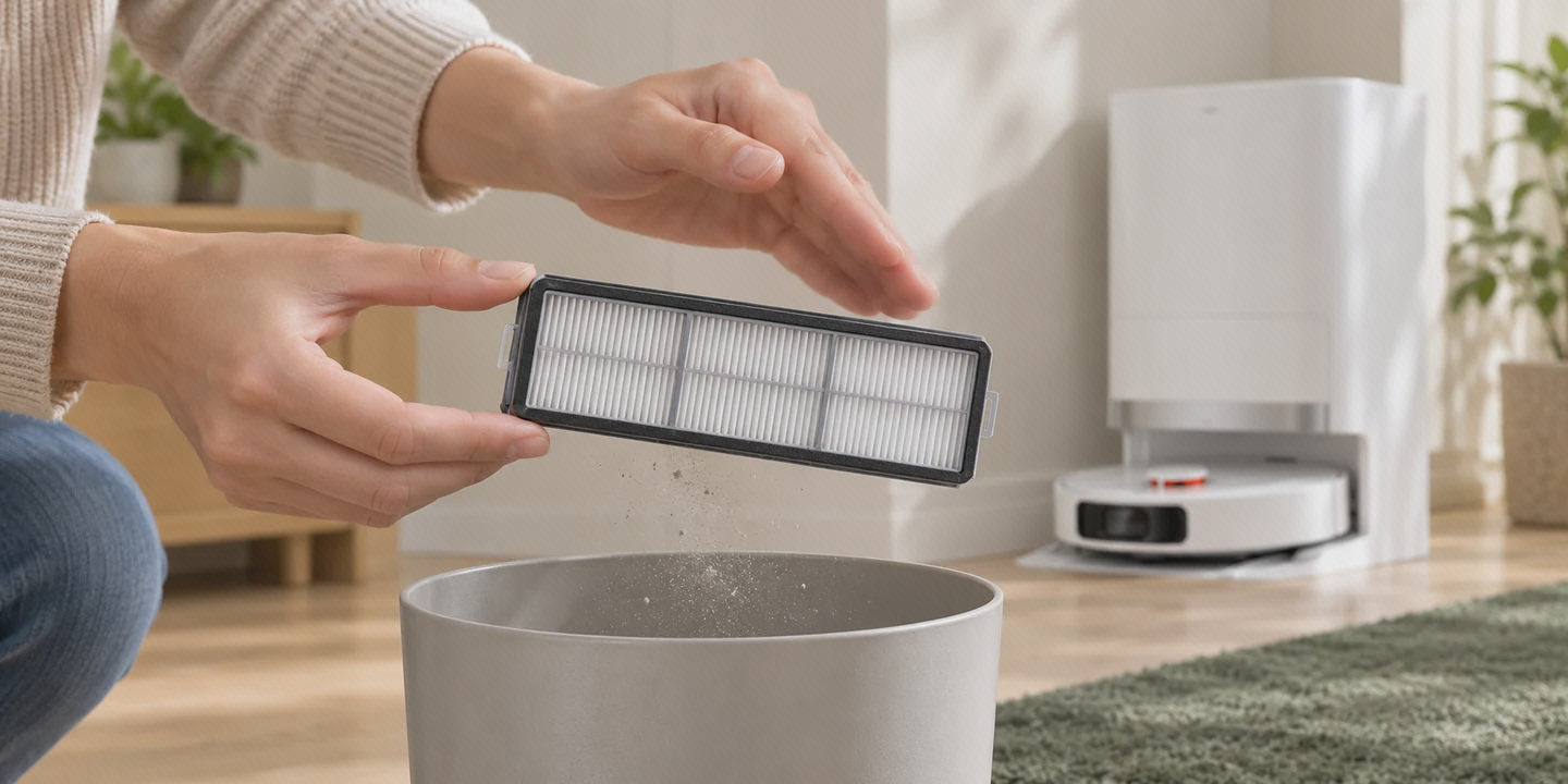 تمیز کردن قاب فیلتر X20 Plus گرفتن فیلتر شیائومی X20 Plus از قاب مشکی و جدا کردن گردوخاک با ضربهٔ ملایم روی قاب
