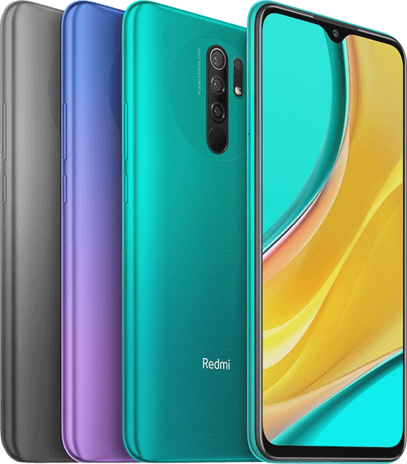 تصویر رسمی Redmi 9 با ناچ قطره‌ای و نمای پشت سه رنگ گوشی