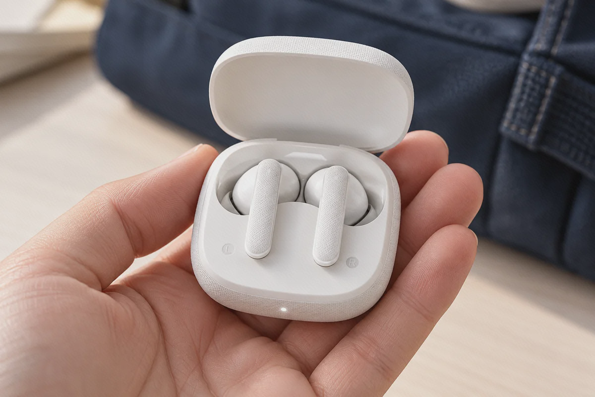 کیس باز سفید QCY Buds QT43 در کف دست با دو گوشی و ساقه‌های بافت‌دار