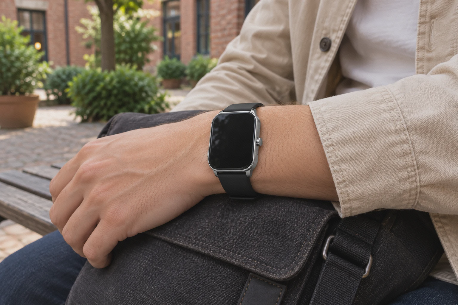 ساعت Amazfit Pop 3S نقره‌ای با بند مشکی روی مچ در حیاط
