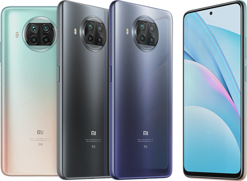 مرجع رسمی گوشی Mi 10T Lite 5G تصویر رسمی Mi 10T Lite 5G با سه نمای پشت و نمایشگر دارای دوربین سلفی مرکزی