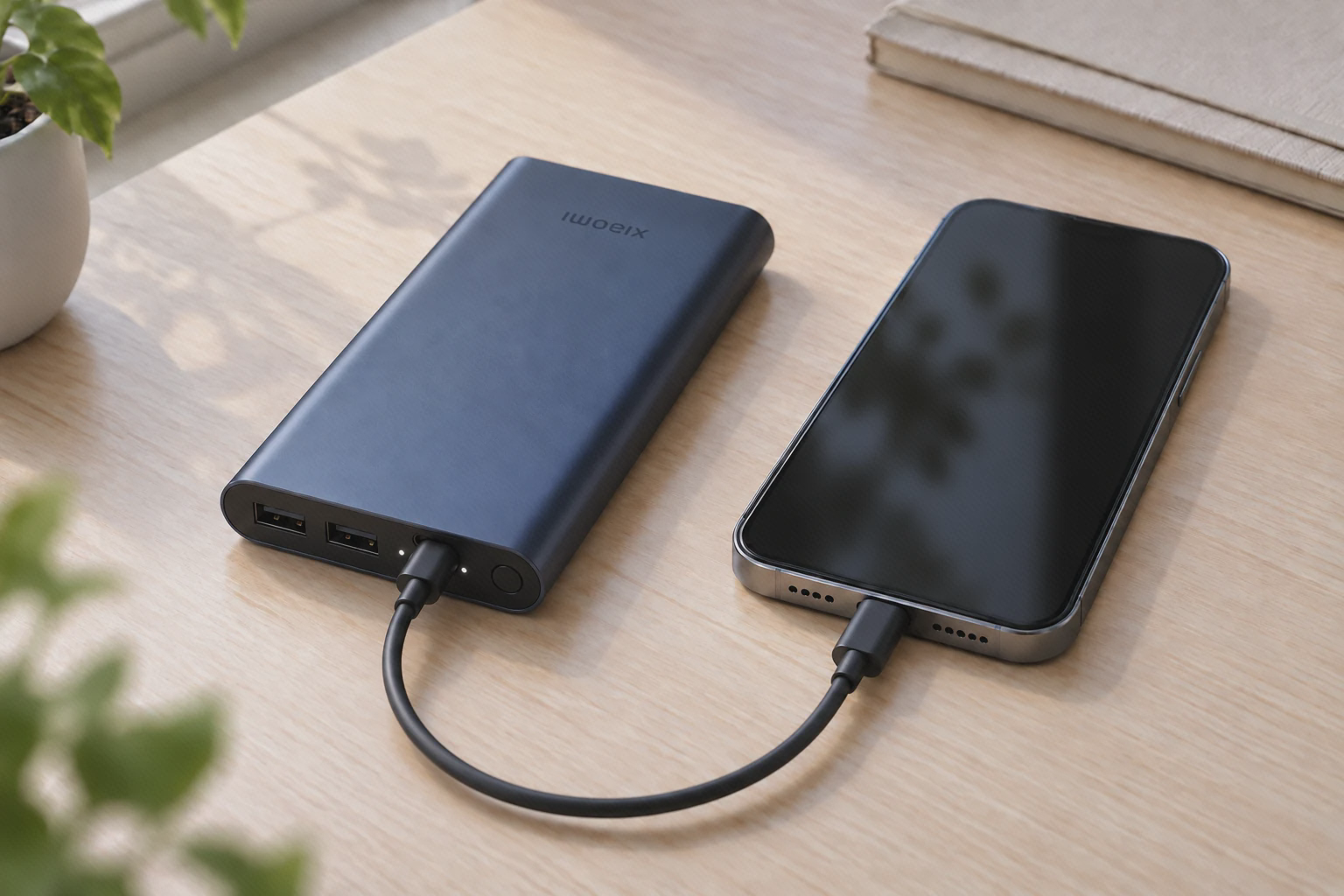 شارژ گوشی وقتی از پریز دوری پاوربانک PB100DZM مشکی با یک کابل USB-C متصل به گوشی روی میز