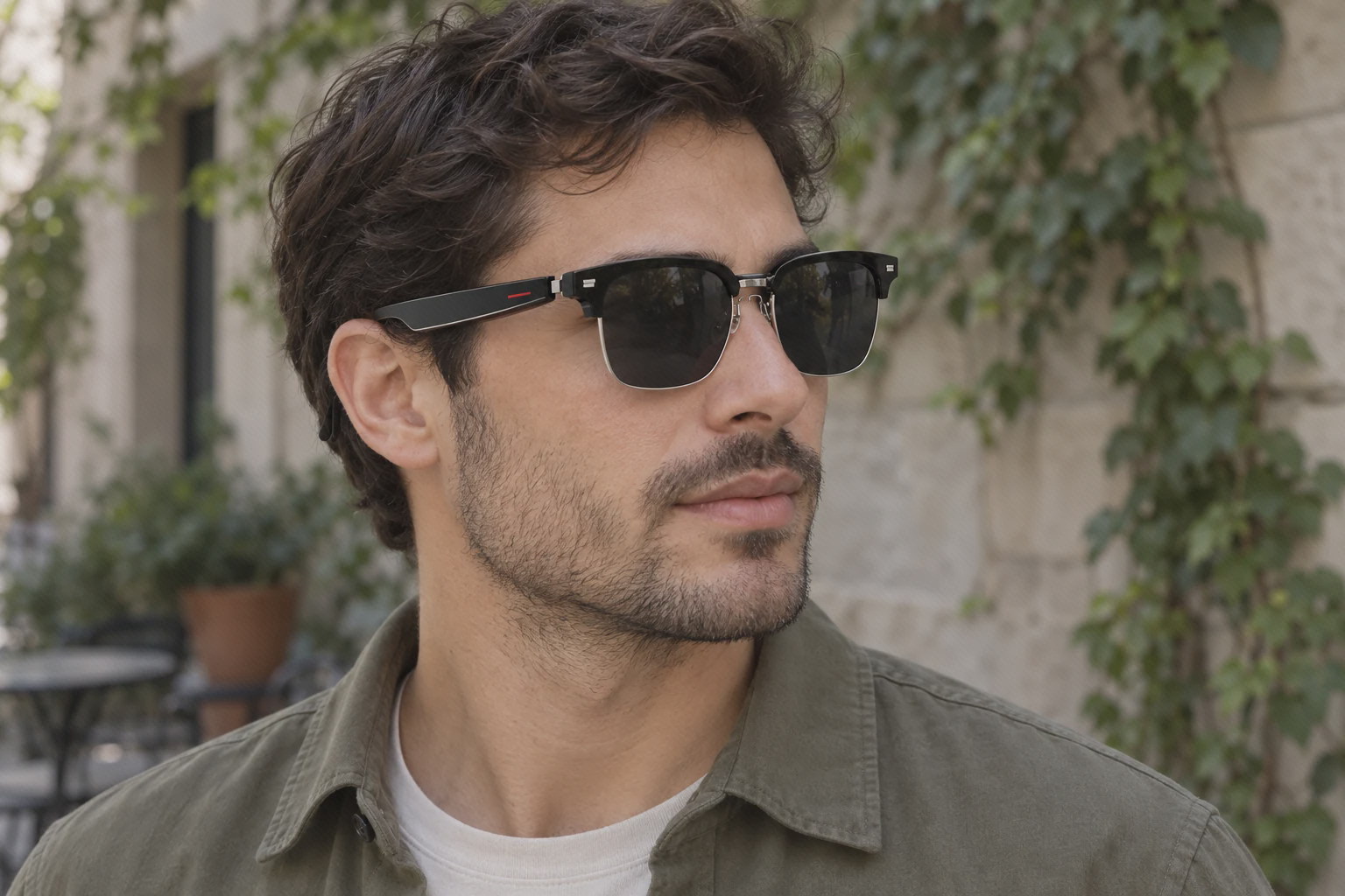 آهنگ و تماس، از روی دستهٔ عینک فرم نیمفریم مشکی E13 و دستهٔ پهن آن روی صورت کاربر.