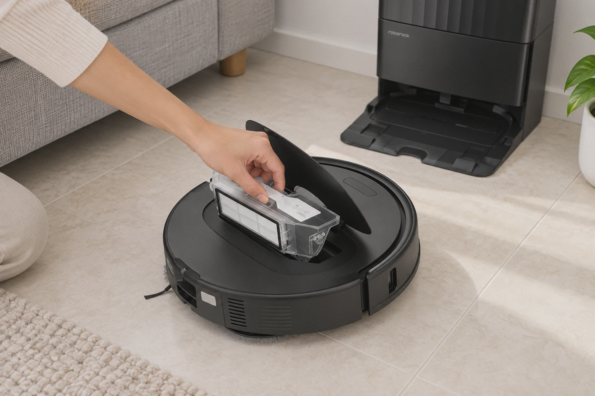 محل فیلتر داخل مخزن جاروی Roborock Qrevo Plus یک دست در حال بیرونآوردن مخزن شفاف با فیلتر از جاروی مشکی Qrevo Plus